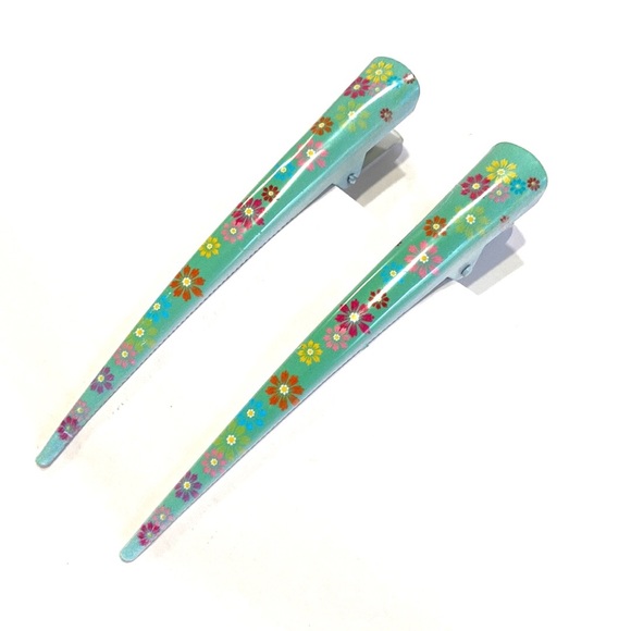 Updo Hair Clips Set Of 2 Green With Multi Colored Flowers - Picture 1 of 5
